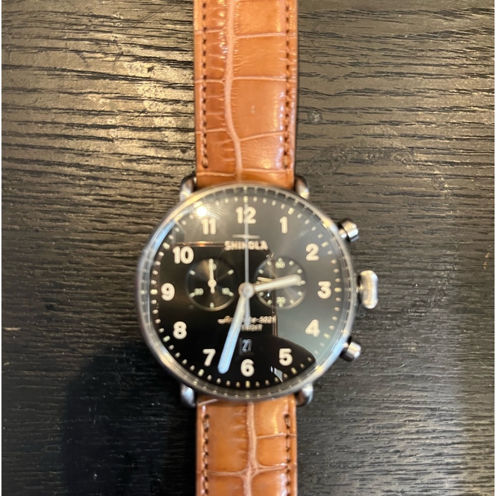 Shinola Canfield 43mm Watch with a Black Dial and tan/brown alligator strap